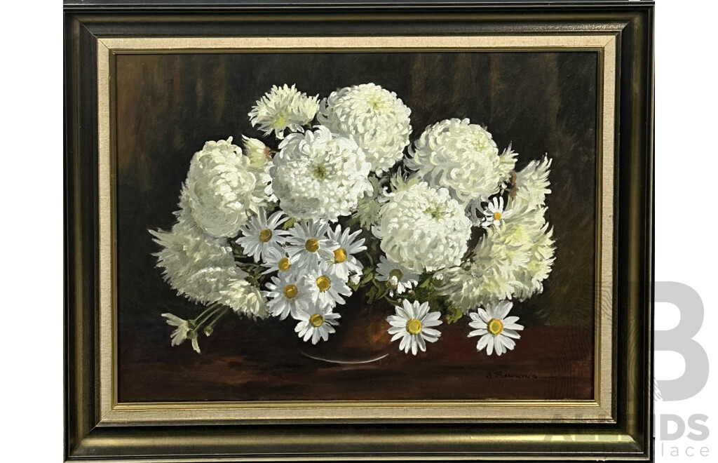Jessie B. Sawkins, (20th Century, Australian), White Chrysanthemums (1978), Oil on Canvas, 58 x 73 cm (frame)