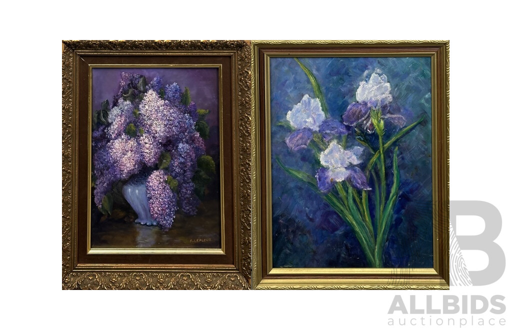 Kyra LeFleur, (20th Century), Lilacs & Irises, Lovely Pair of Oils on Canvas & Board, 46.5 x 36 cm (frames) (2)