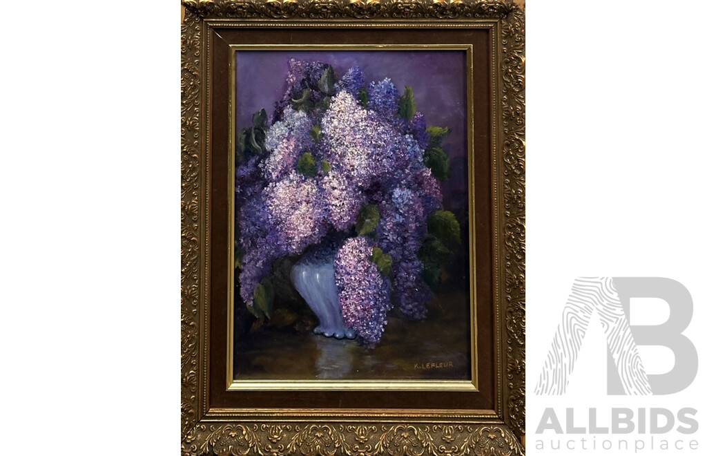 Kyra LeFleur, (20th Century), Lilacs & Irises, Lovely Pair of Oils on Canvas & Board, 46.5 x 36 cm (frames) (2)