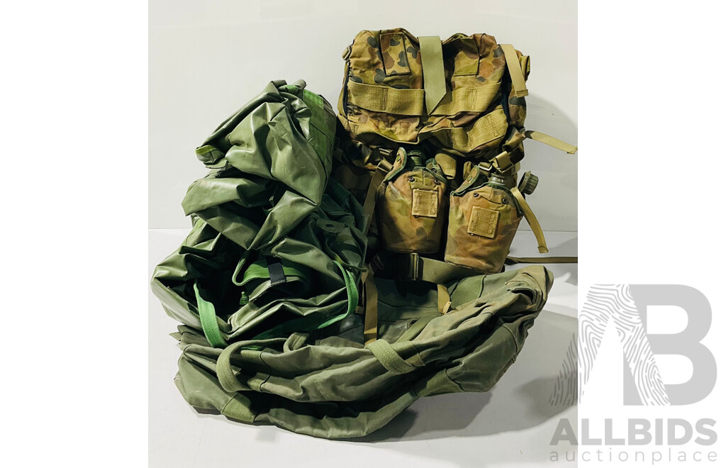 Collection of Military Bags Including Canvas and Plastic Duffel Bags, Large Backpack with Camo and Water Canteens