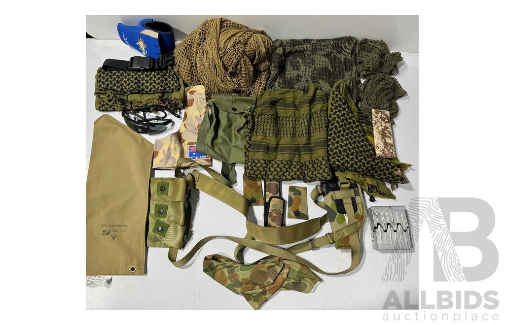 Collection of Australian Military Gear Including Netting, Bags, Sunglasses and More