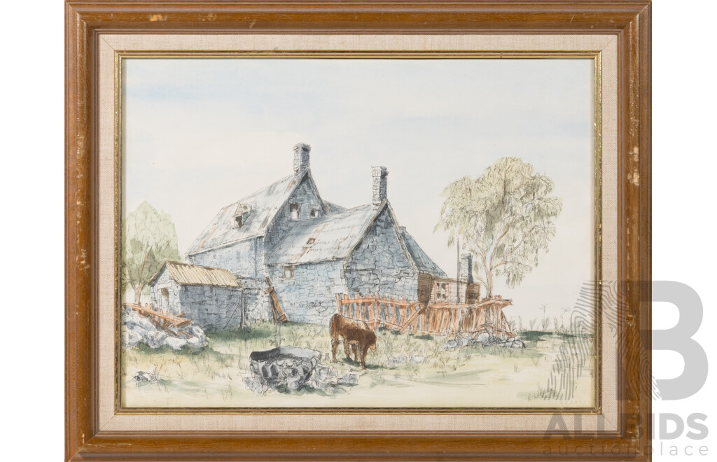 Kyra LeFleur, (20th Century, Australian), Farmhouse, Ink & Watercolour Wash, 39 x 49 cm (frame)