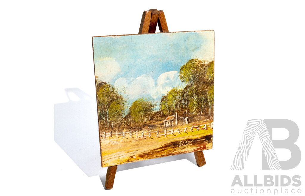 H. Penn, (20th Century, Australian), Vintage Miniature Landscape with Bush Hut, Oil on Masonite, Mounted to Wooden Easel, 15 x 15 cm (edge to edge)