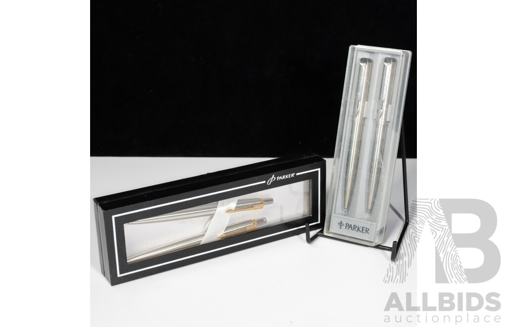 Collection Parker Pens Comprising Two Sets Retractable Ballpoint and Pencil Sets in Original Cases