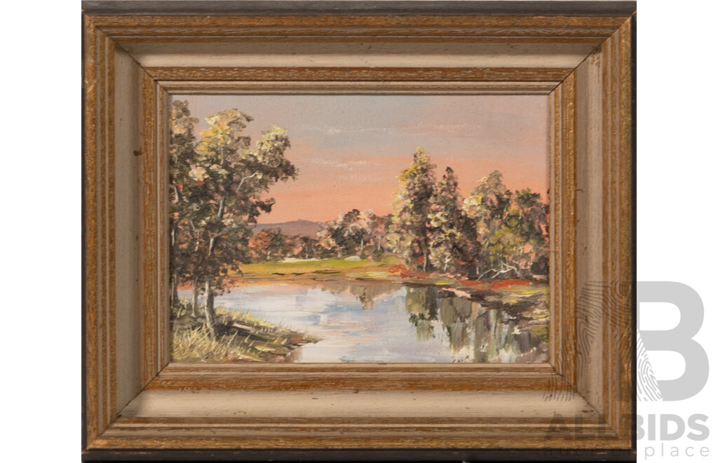 P. Taylor, (20th Century, Australian), Still Waters, Blue Mountains, Acrylic on Board & Artist Unknown, River Reflections at Dusk, Acrylic on Canvas, 26.5 x 32 cm (largest frame) (2)