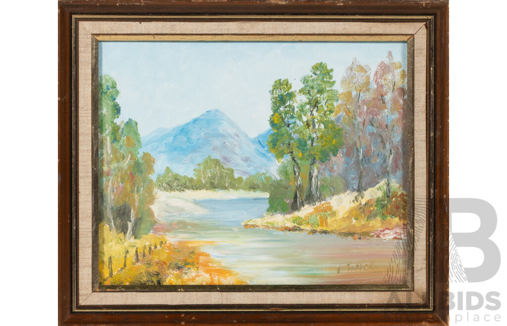 P. Taylor, (20th Century, Australian), Still Waters, Blue Mountains, Acrylic on Board & Artist Unknown, River Reflections at Dusk, Acrylic on Canvas, 26.5 x 32 cm (largest frame) (2)