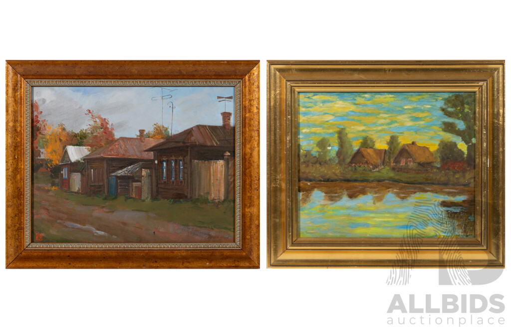 A. Rowcky, (20th Century), Cottages by Water, Vintage Oil on Board, 35 x 40 cm (frame) & Artist Unknown, (20th Century), Country Cottages, Vintage Oil on Canvas, 35 x 43.5 cm (frame) (2)