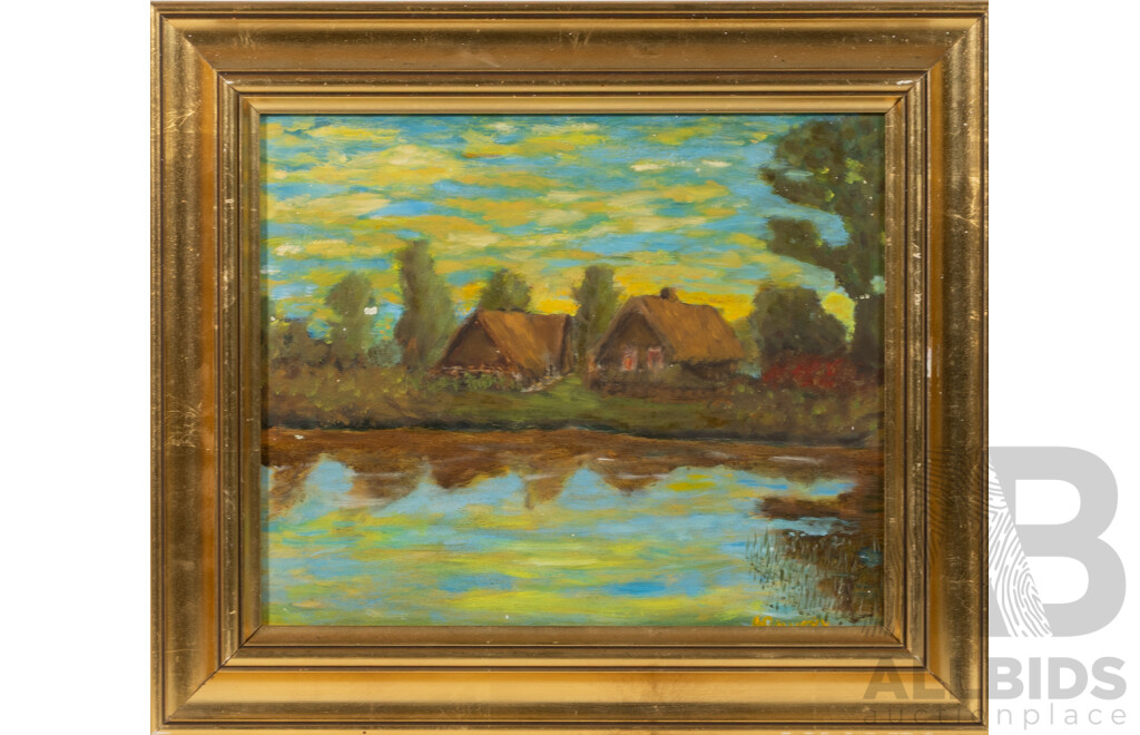 A. Rowcky, (20th Century), Cottages by Water, Vintage Oil on Board, 35 x 40 cm (frame) & Artist Unknown, (20th Century), Country Cottages, Vintage Oil on Canvas, 35 x 43.5 cm (frame) (2)