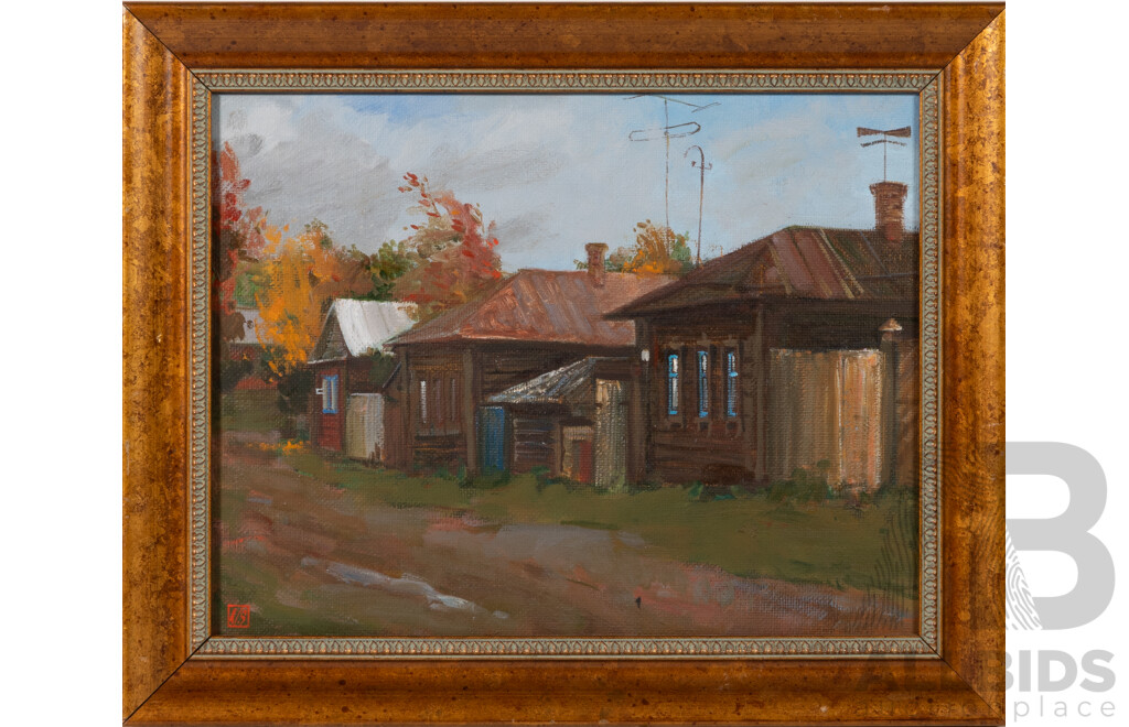 A. Rowcky, (20th Century), Cottages by Water, Vintage Oil on Board, 35 x 40 cm (frame) & Artist Unknown, (20th Century), Country Cottages, Vintage Oil on Canvas, 35 x 43.5 cm (frame) (2)