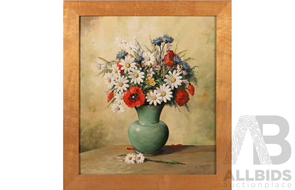 H. Bruck, (20th Century), Still Life - Posy of Flowers in Green Vase (1953), Oil on Board, 54 x 48 cm (frame)