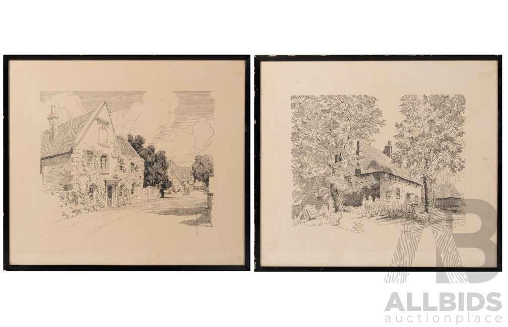 Rhys Williams, (20th Century, Australian, 1894-1976), Manor House Fordwich & Kentish Farmhouse, Vintage Reproductions of Original Pen & Ink Drawings, (c1955), 34.5 x 39 cm (frame) (2)
