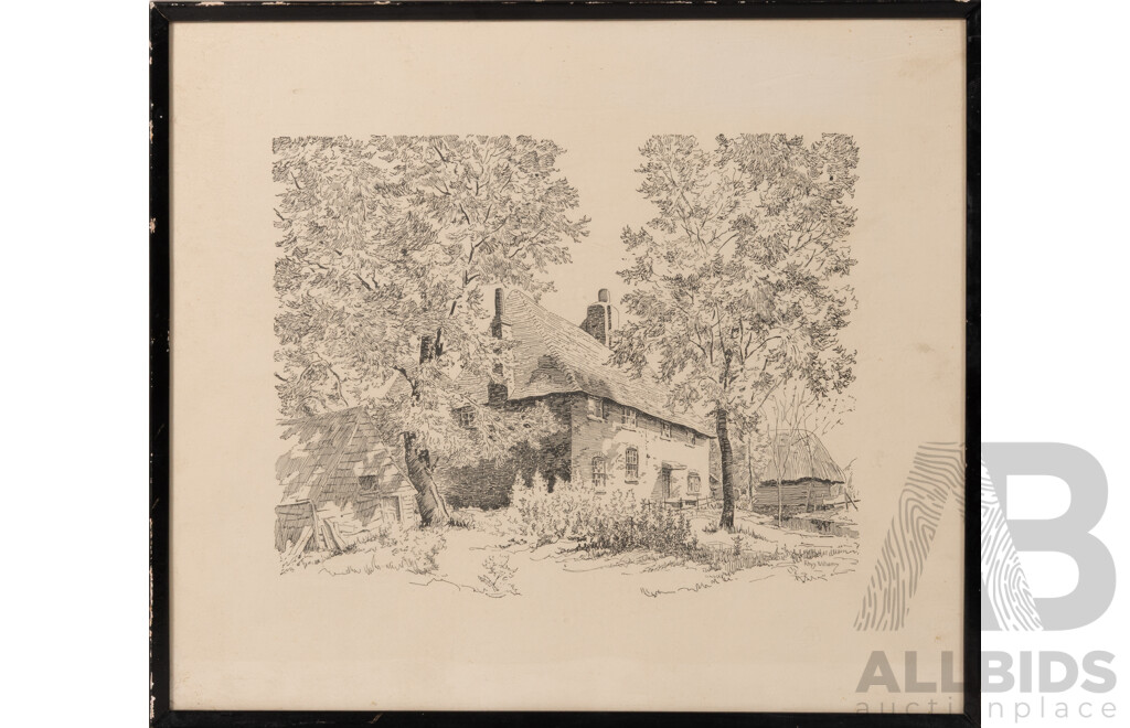 Rhys Williams, (20th Century, Australian, 1894-1976), Manor House Fordwich & Kentish Farmhouse, Vintage Reproductions of Original Pen & Ink Drawings, (c1955), 34.5 x 39 cm (frame) (2)