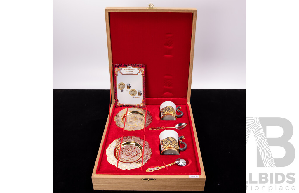 Unusual Russian State Export by Rosoboronexport Two Porcelain with Swan Form Bronze Handles Duos with Teaspoons in Original Wooden Case with Certificate