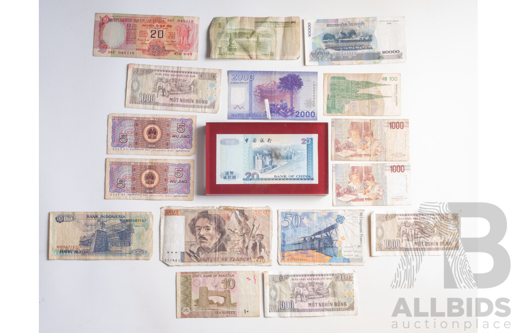 Collection of Vintage International Paper and Polymer Banknotes Including France Fifty Francs, Hong Kong Encased Twenty Dollars, Croatia One Hundred Dina and More