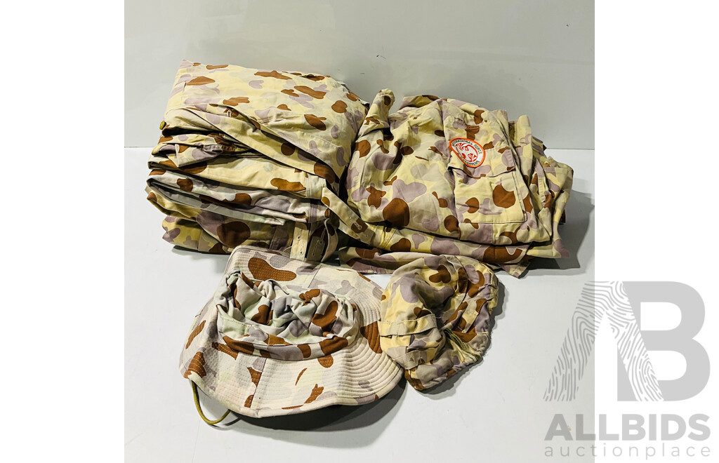 Collection of Military Clothing Including Hats, Shirts and Pants with Including Some with Patches in Desert Camo