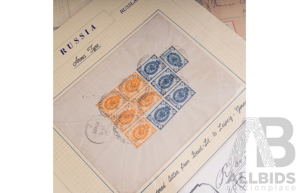 Antique Russian Stamps and Envelopes, Examples Spanning 1860 to 1915  Including Red Wax Military Censor Seal