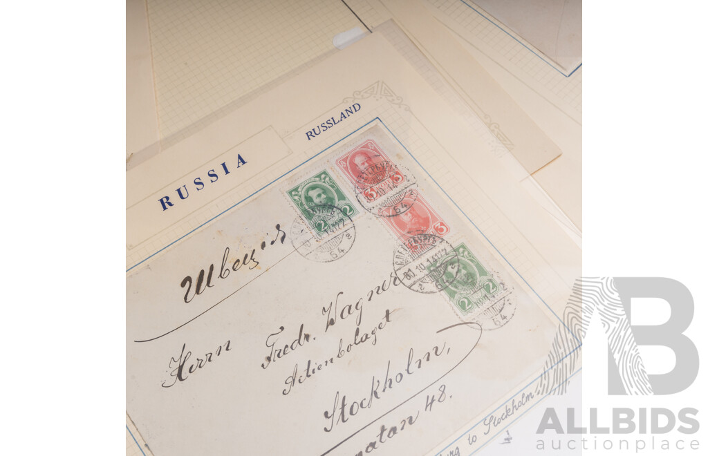 Antique Russian Stamps and Envelopes, Examples Spanning 1860 to 1915  Including Red Wax Military Censor Seal