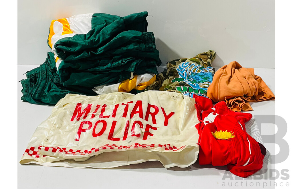 Collection of Australian Army and Other Clothing Including Military Police Waterproof Vest, Several Jumpers and More