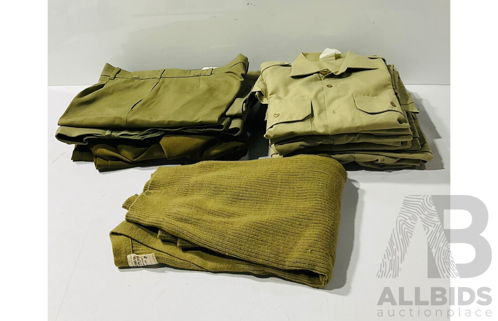 Collection of Australian Army Clothes Including Collared Shirts, Pants and Knitted Sweater