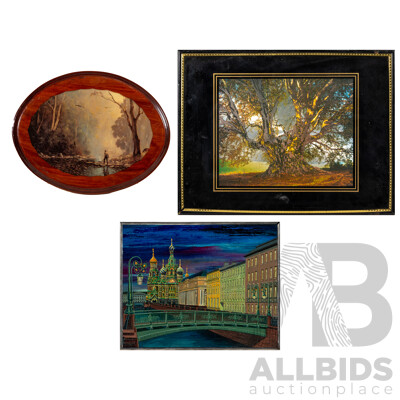 Artists Unknown (Exact Dates Unknown), Foil Tree, St Petersburg & Bushman Gathering Water, Trio of Vintage Mixed Media Landscapes & City Scape, 31 x 41 cm (largest frame) (3)