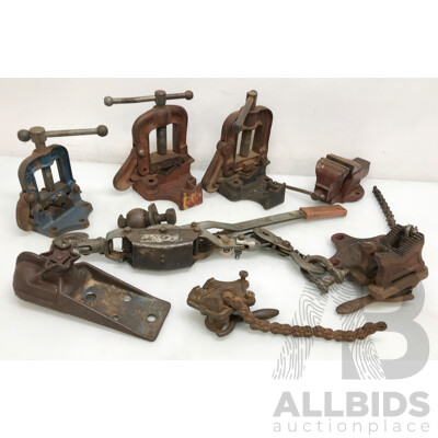 Assorted Vintage Vises, Pulley, and More
