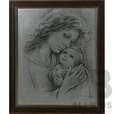 Giuseppe Tarantino (20th Century, Italian, 1916-1999), Mother and Child, Original Vintage Lithograph Print on Silver Paper, 56 x 46 cm (frame)