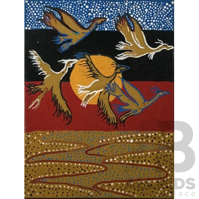 Nayo Ako, (20th Century, Indigenous-Australian), Brolgas Over Setting Sun, Original Acrylic on Stretched Canvas, 40 x 30 cm