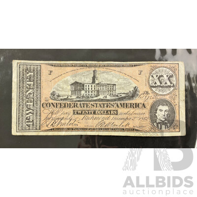Confederate States of America December 2nd 1862 Twenty Dollar Note, Civil War Note