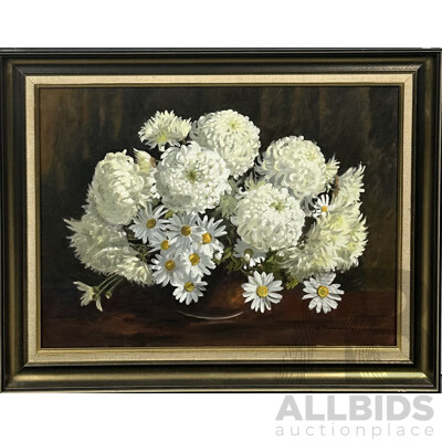 Jessie B. Sawkins, (20th Century, Australian), White Chrysanthemums (1978), Oil on Canvas, 58 x 73 cm (frame)
