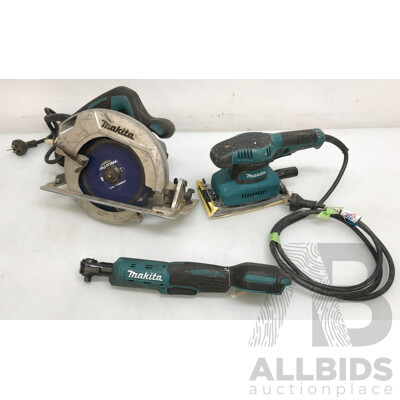 Makita Corded Circular Saw, Corded Sheet Orbital Sander, and Cordless Ratchet Wrench - Lot of 3