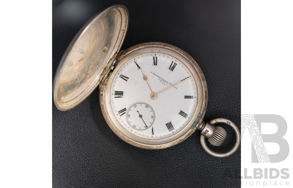 Antique Sterling Silver a Macrow & Sons Pty Ltd AWWW Co. USA, 50mm Pocket Watch, 117.0 Grams