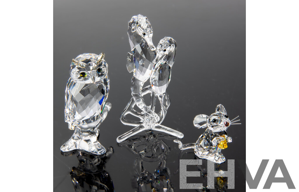 Three Swarovski Austrian Crystal Pieces Comprising Seahorse, Owl & Mouse Figures, All in Original Box and Packaging