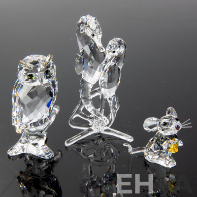 Three Swarovski Austrian Crystal Pieces Comprising Seahorse, Owl & Mouse Figures, All in Original Box and Packaging