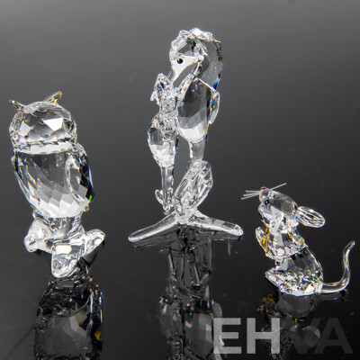 Three Swarovski Austrian Crystal Pieces Comprising Seahorse, Owl & Mouse Figures, All in Original Box and Packaging