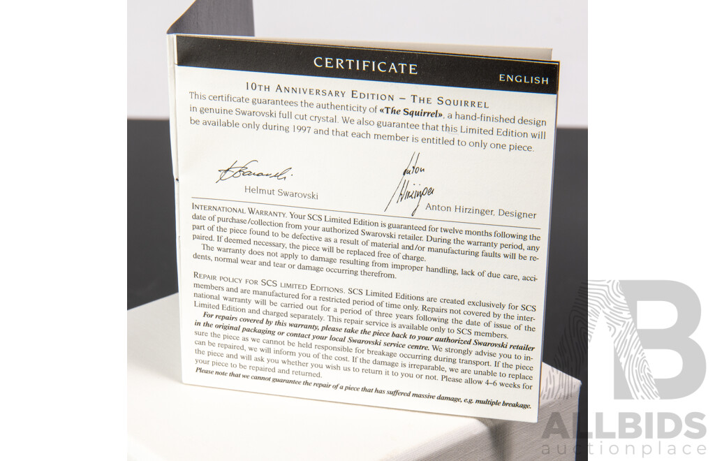 Swarovski Austrian Crystal 10th Anniversary Edition, The Squirrel, in Original Box and Packaging