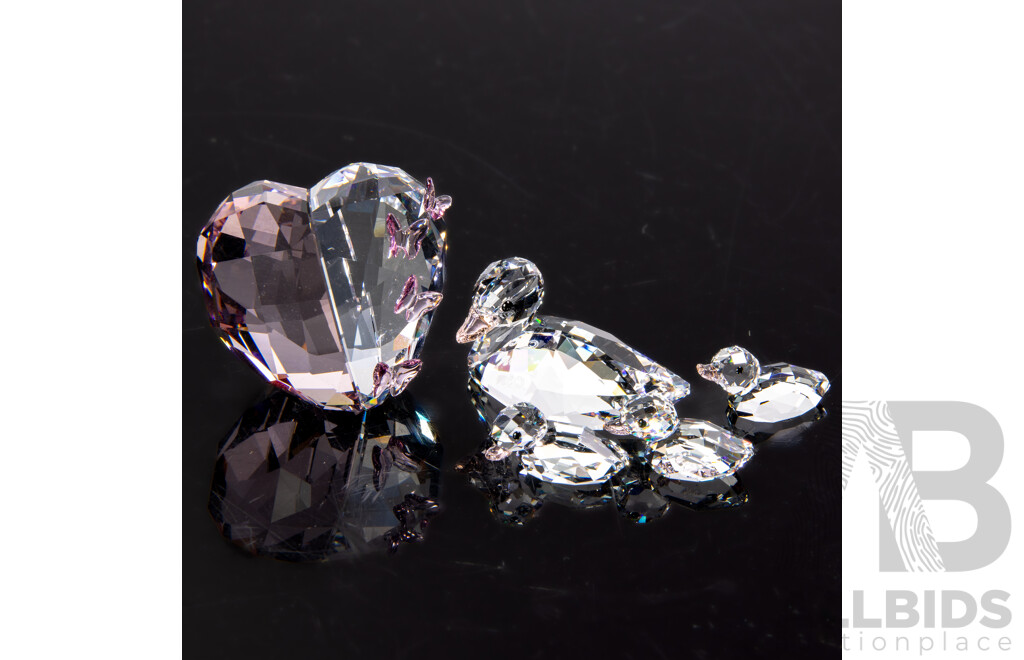 Two Swarovski Austrian Crystal Pieces Comprising Set Four Duckies & Love Heart, Both in Original Box and Packaging
