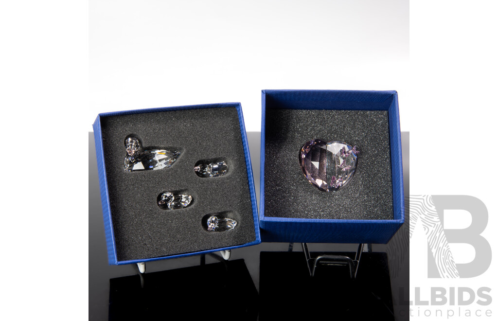 Two Swarovski Austrian Crystal Pieces Comprising Set Four Duckies & Love Heart, Both in Original Box and Packaging