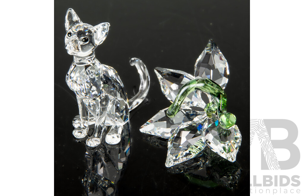 Two Swarovski Austrian Crystal  Pieces Comprising Siamese Cats & Flower, Both in Original Box and Packaging