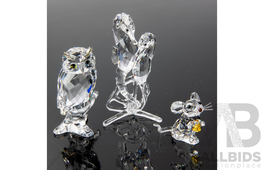 Three Swarovski Austrian Crystal Pieces Comprising Seahorse, Owl & Mouse Figures, All in Original Box and Packaging