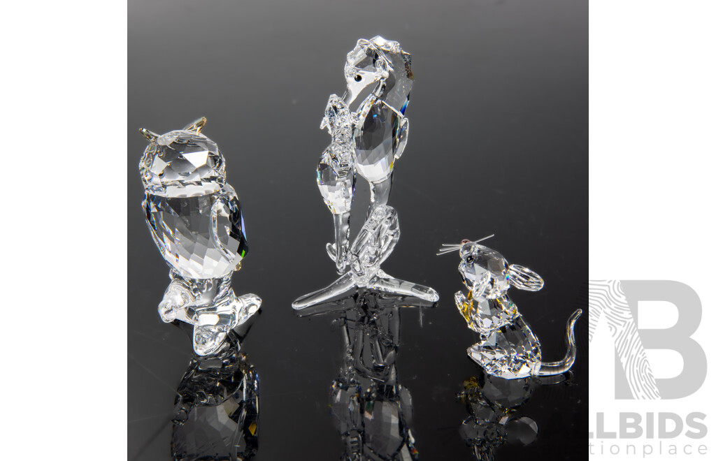 Three Swarovski Austrian Crystal Pieces Comprising Seahorse, Owl & Mouse Figures, All in Original Box and Packaging