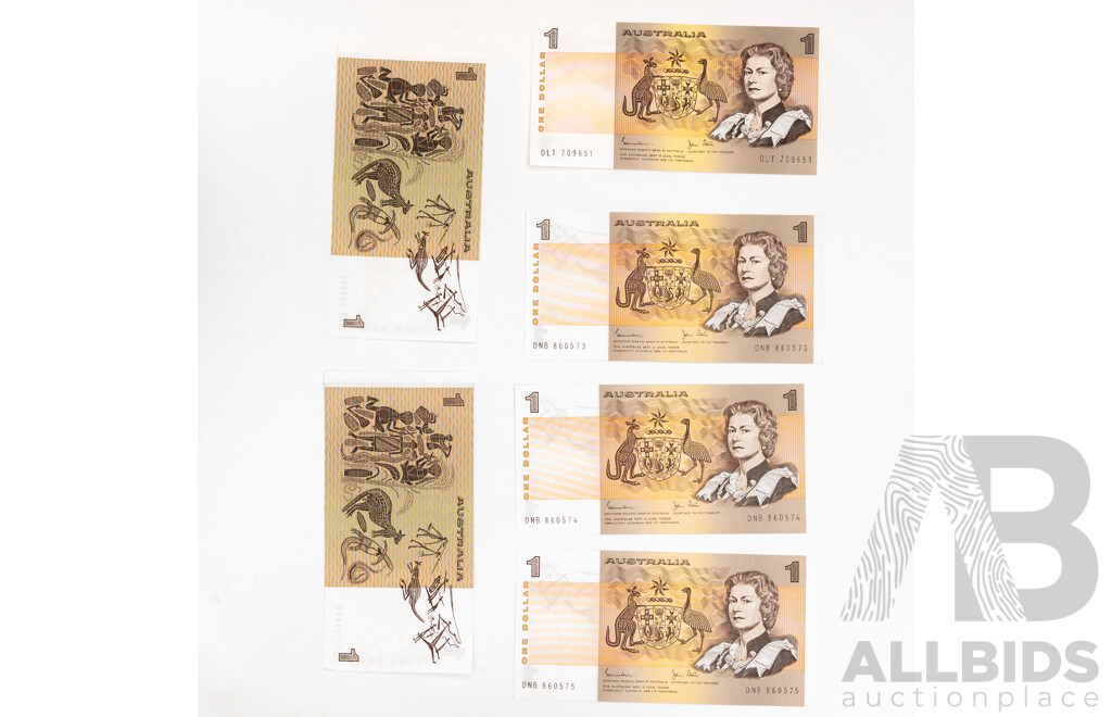 Australian 1982 One Dollar Notes Johnston/Stone R78 Consecutive DLT 709650- DLT 709652 and DNB 860573-DNB 860575