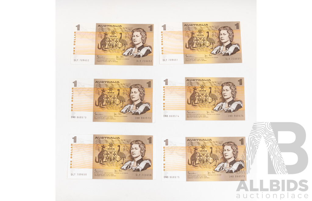 Australian 1982 One Dollar Notes Johnston/Stone R78 Consecutive DLT 709650- DLT 709652 and DNB 860573-DNB 860575