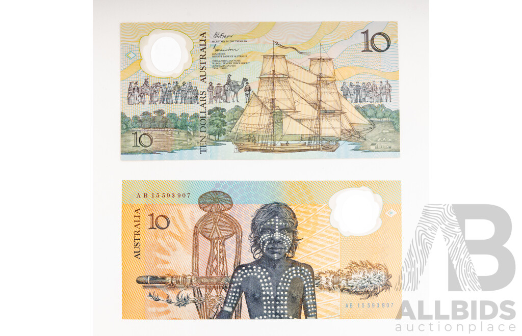 Two Australian 1988 Ten Dollar Notes Fraser/Johnston, Commemorative R310a Consecutive AB 15593906-AB 15593907