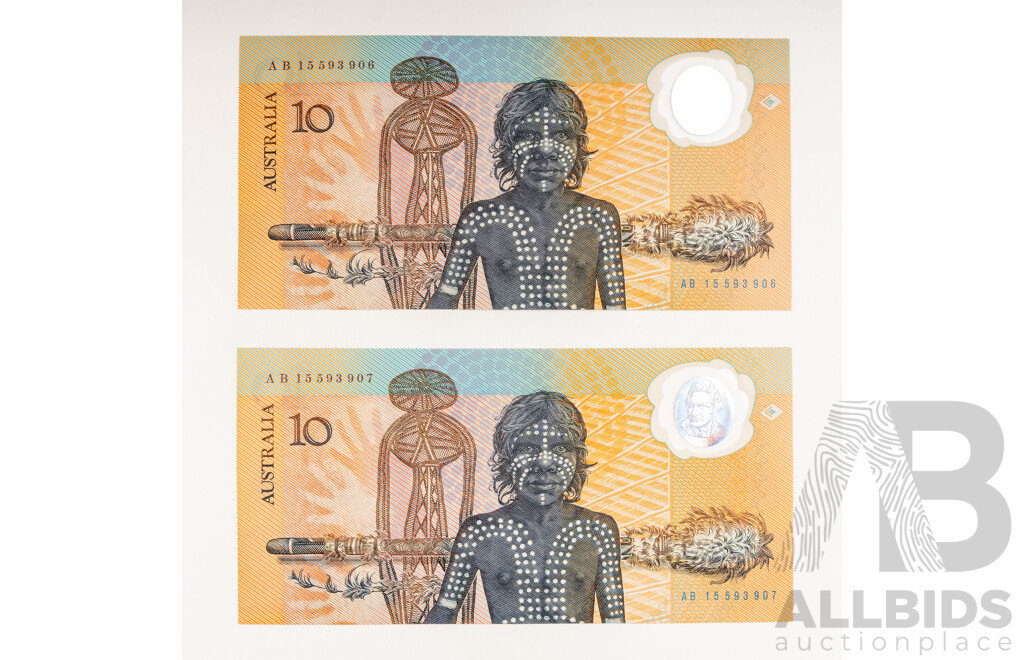 Two Australian 1988 Ten Dollar Notes Fraser/Johnston, Commemorative R310a Consecutive AB 15593906-AB 15593907