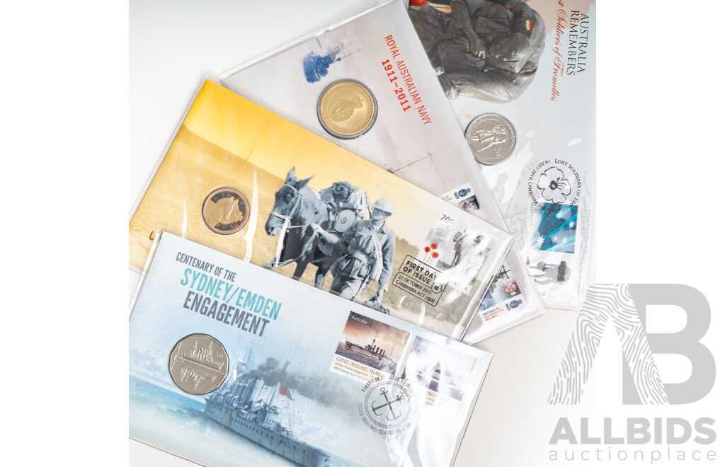 Four Australian War Themed PNCs Including 2014sydney /Emden Engagement, 2015 Animals in War, 2010lost Soldiers of Fromelles, 2011 Royal Australian Navy