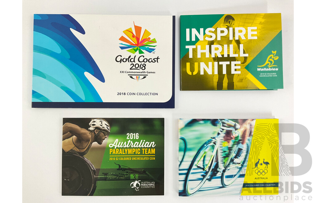 Four Australian RAM Sports Themed Coins Sets Including 2016 Paralympic, 2016 Olympics, 2019 Wallabies, 2018 XXI Commonwealth Games