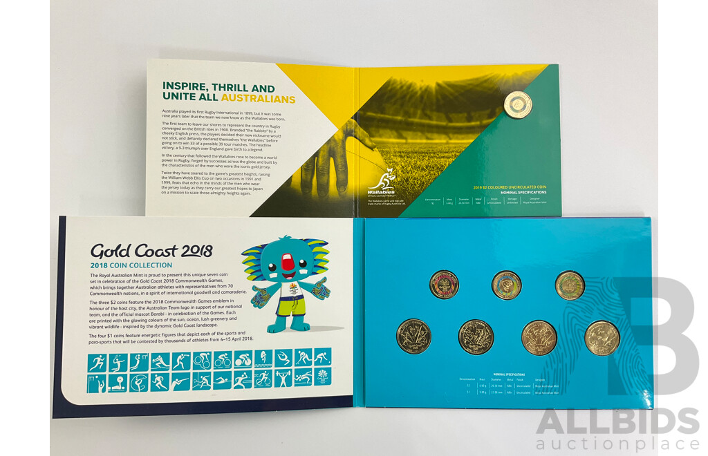 Four Australian RAM Sports Themed Coins Sets Including 2016 Paralympic, 2016 Olympics, 2019 Wallabies, 2018 XXI Commonwealth Games