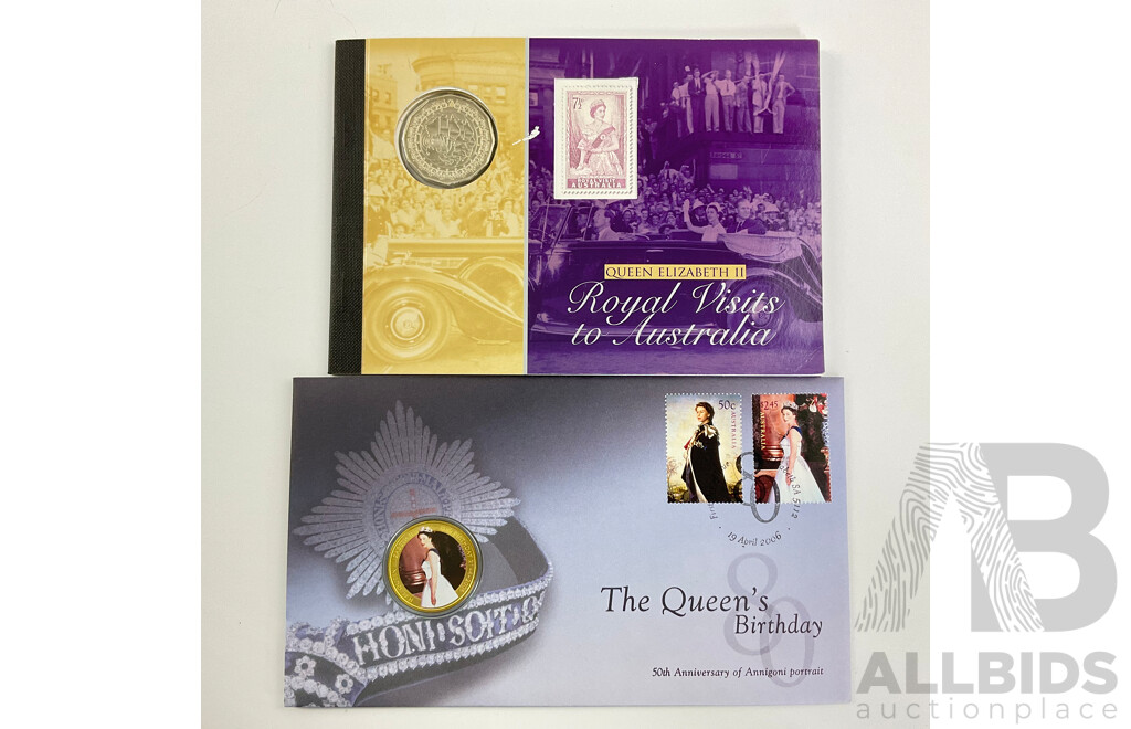 Australian 2006 Fifty Cent QE2 Royal Visit PNC and QE2 Birthday Coin and Stamps Book