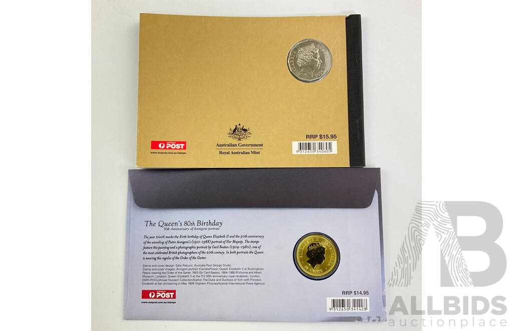 Australian 2006 Fifty Cent QE2 Royal Visit PNC and QE2 Birthday Coin and Stamps Book