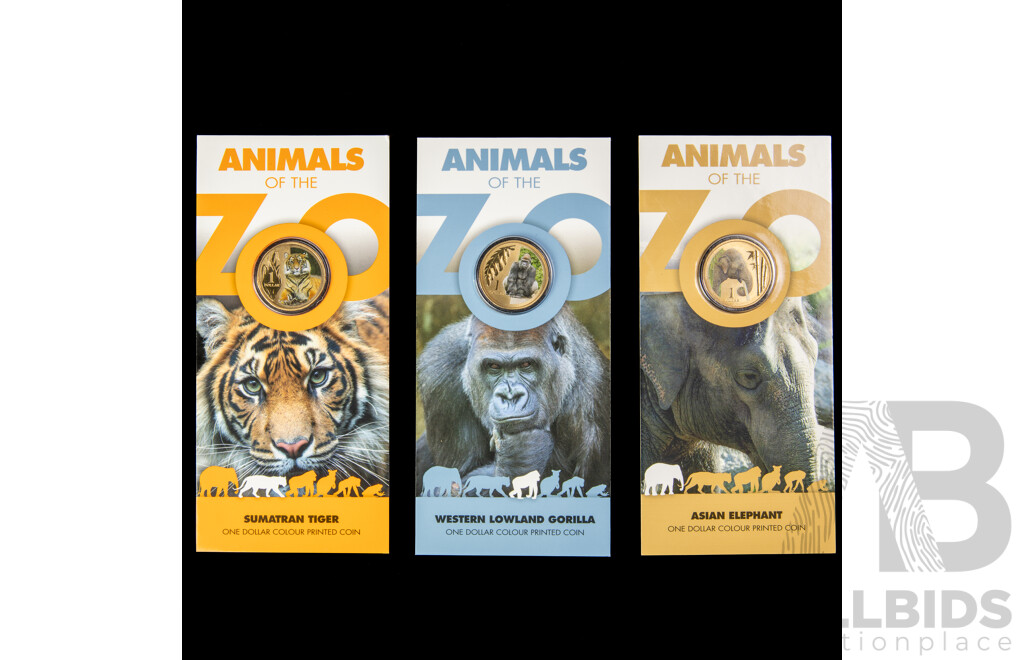 Three Australian RAM 2012 Coloured Commemorative One Dollar Coins, Animals of the Zoo, Asian Elephant, Western Lowland Gorilla, Sumatran Tiger